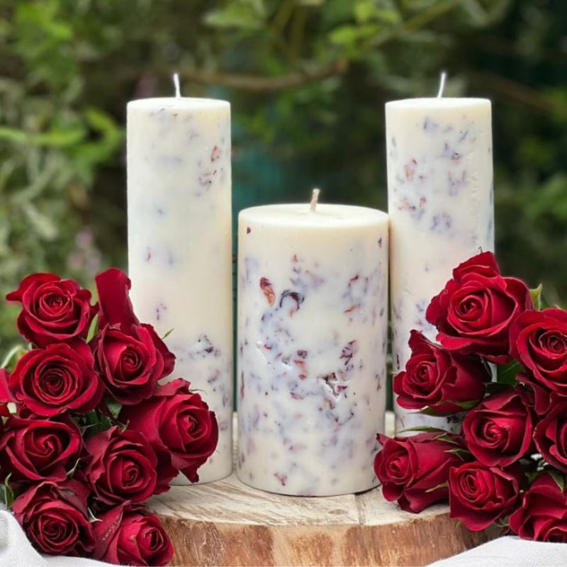 Rose Red Infused Flower Pillar Candle | Scented Designer Candle