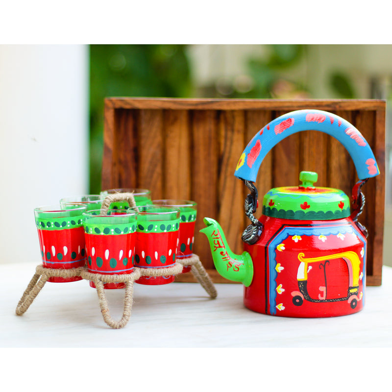 Hand-Painted Kettle Serving Set (with Tray and Glass Stand) - NiftyHomes