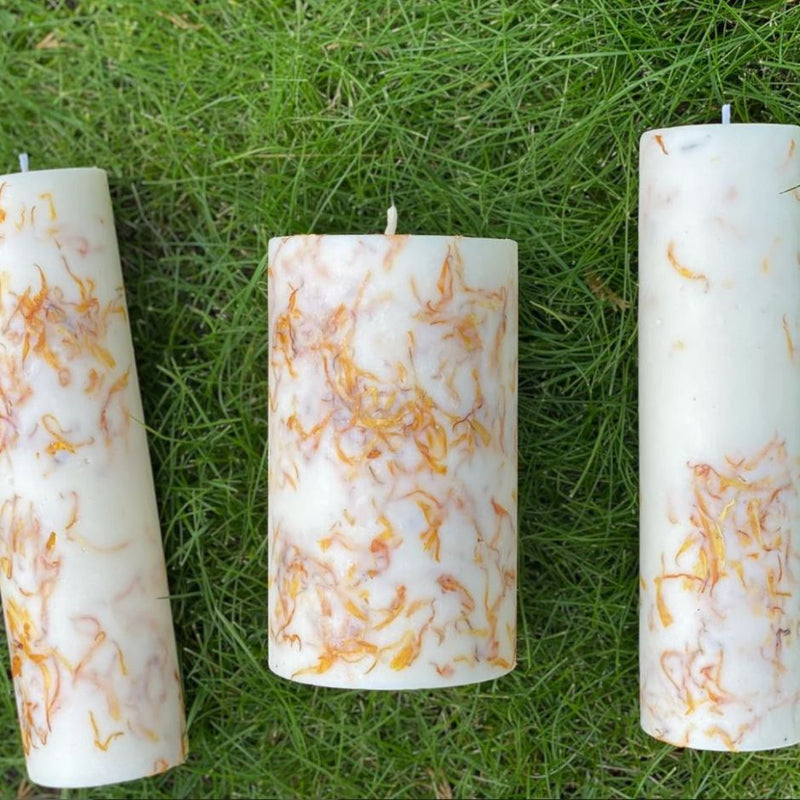 Vibrant Orange Infused Flower Pillar Candle | Scented Designer Candle