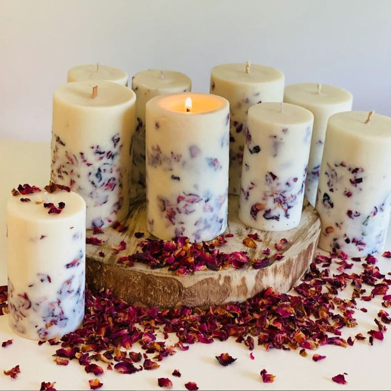 Infused Flower Pillar Candle | Scented Designer Candle