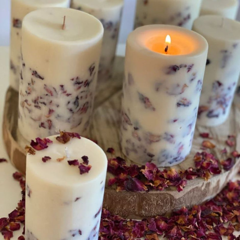 Rose Red Infused Flower Pillar Candle | Scented Designer Candle