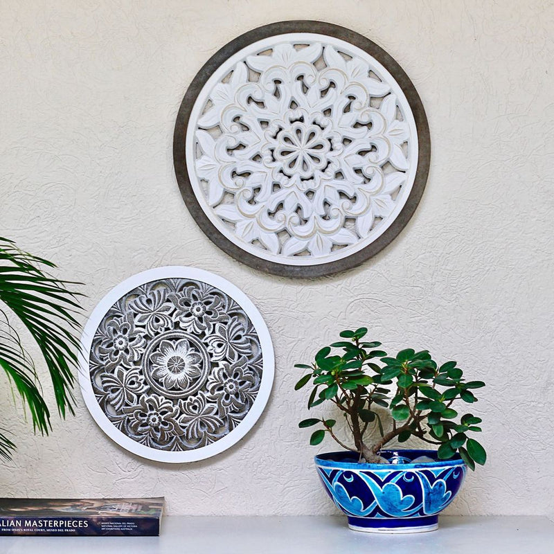 White Round Hand-Carved Wooden Wall Panel - NiftyHomes